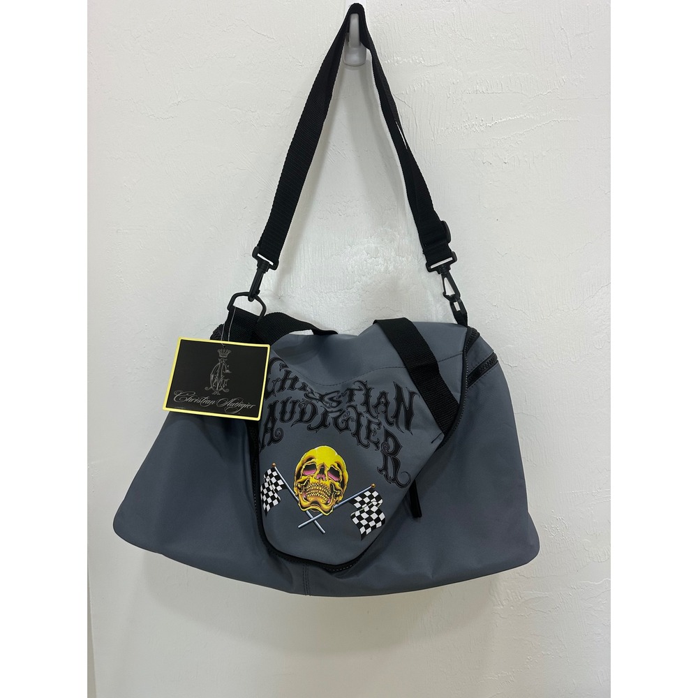 Christian Audigier Gray Duffel Bag Skull Checkered Flag Y2K Travel Gym Bag NWT